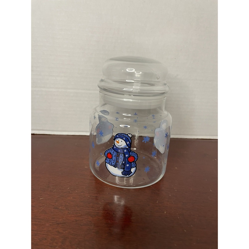Vintage Winter Libby Glass Canister Candy Jar Snowman Christmas 5.5 Inch USA